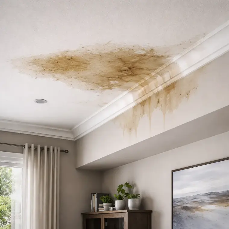 Interior ceiling water stains caused by roof leak – Daniel Hood Roofing Systems