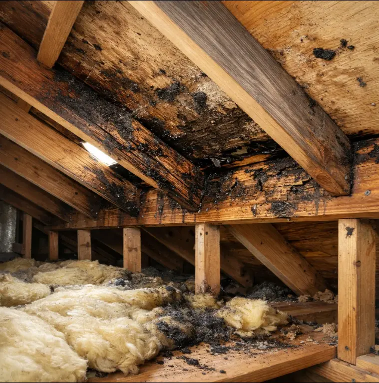 Rotting roof framing from long-term roof leak damage – Daniel Hood Roofing Systems