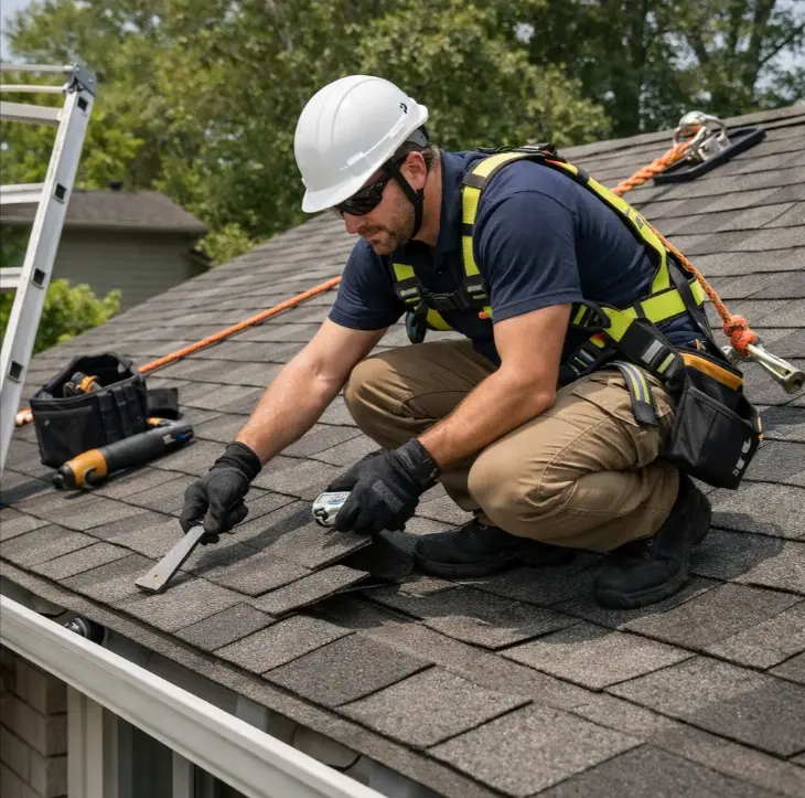 Professional roofer using proper safety gear during roof inspection