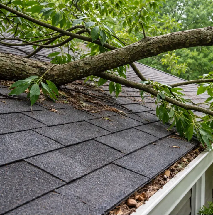 overhanging tree branches touching roof shingles