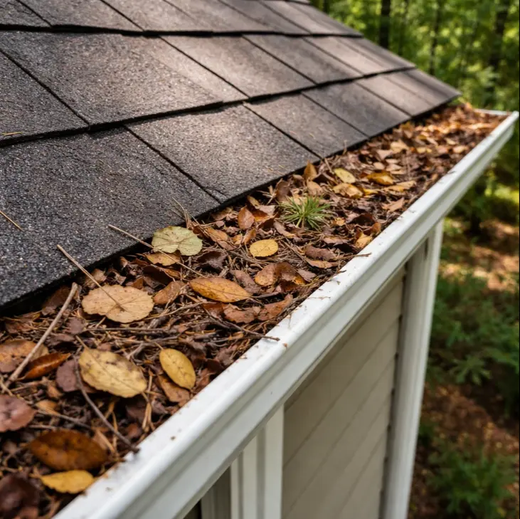 tree debris clogging gutters near roof