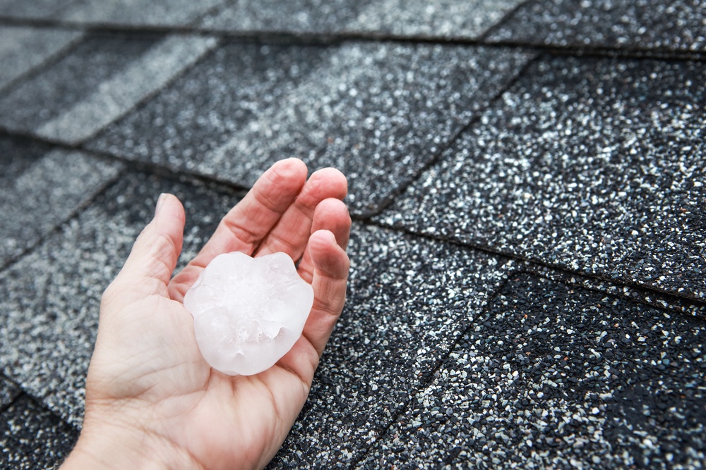 Hail in hand on a rooftop after hailstorm damaged the roof