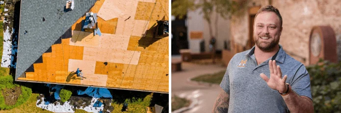 Daniel Hood Roofing team member beside an active roof replacement project showcasing professional residential roofing services in Tennessee.