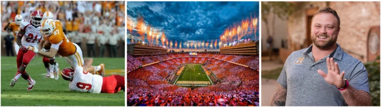 Right Roof Insurance image featuring Tennessee football action, Neyland Stadium, and Daniel Hood, highlighting trusted roofing and insurance claim assistance from Daniel Hood Roofing.