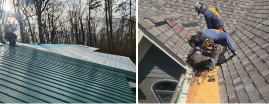 Side-by-side chart comparing asphalt and metal roof replacement timelines