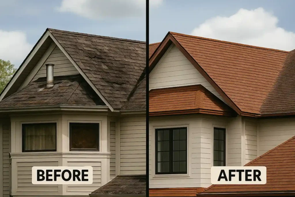 Before and after roof damage repair showing restored shingles and improved home exterior by Daniel Hood Roofing.