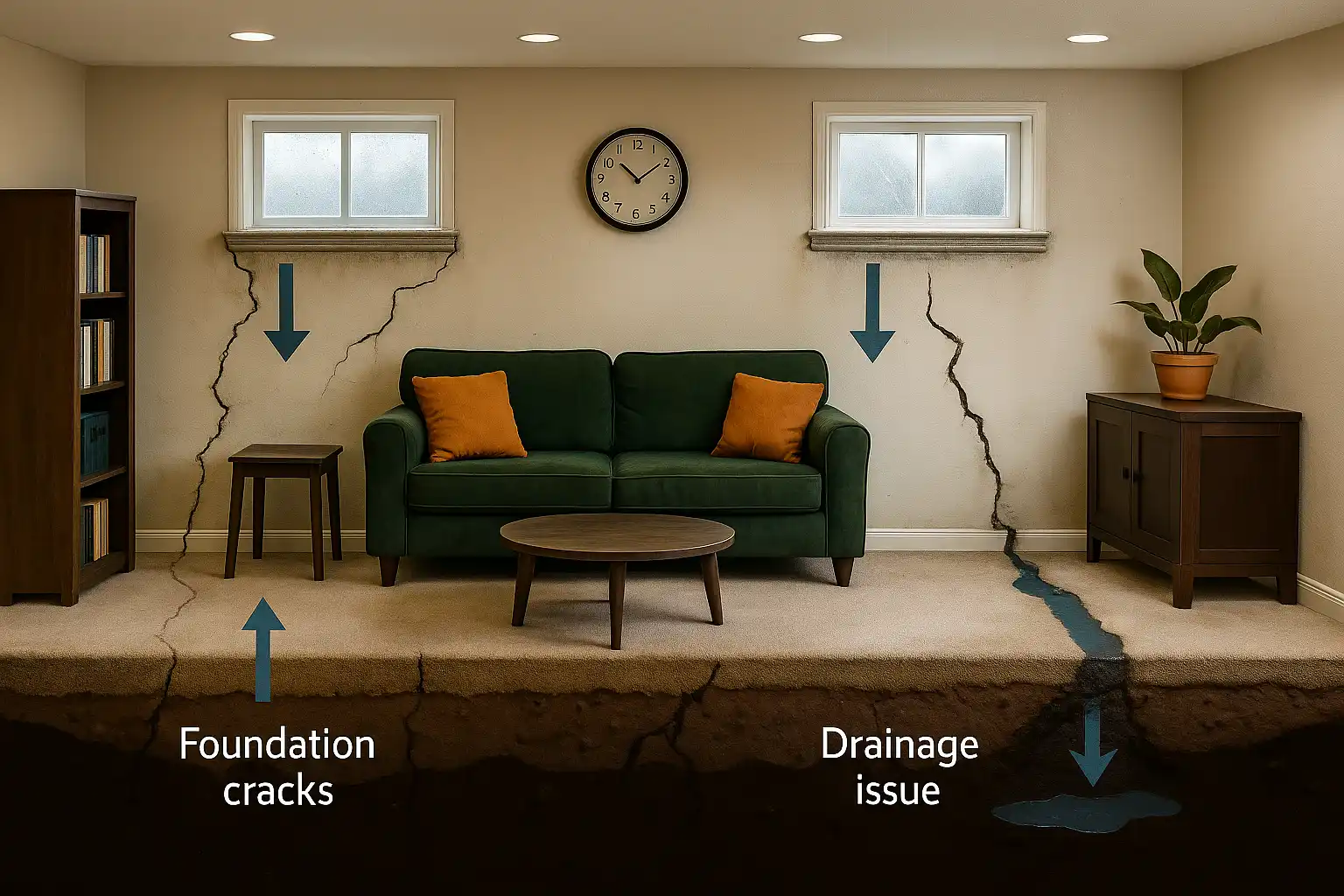 Basement illustration showing foundation cracks and drainage issues causing water intrusion — Basement Flooding Prevention by Daniel Hood Roofing Systems.