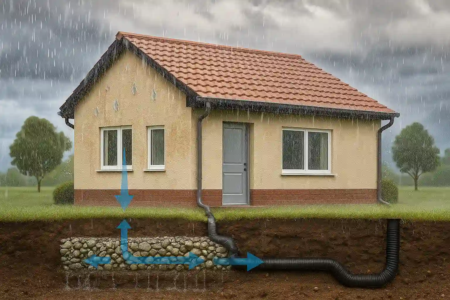 Cross-section of a home showing French drain installation and water flow direction — Basement Flooding Prevention by Daniel Hood Roofing Systems.