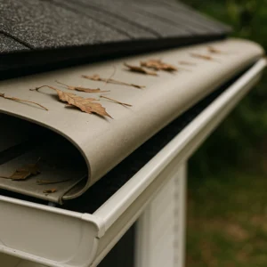 Reverse curve gutter guard with fallen leaves on top — best gutter protection in Knoxville, TN by Daniel Hood Roofing Systems.