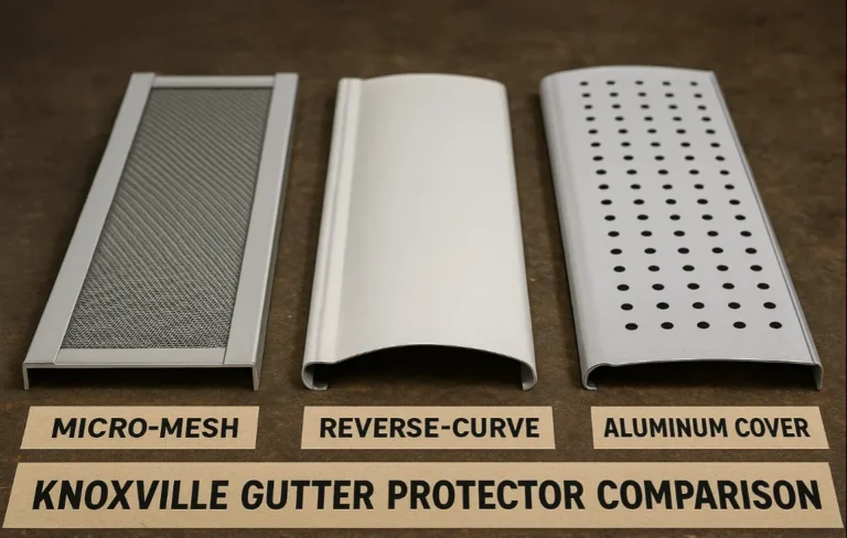 Close-up comparison of three main gutter protector types — micro-mesh, reverse-curve, and aluminum cover — displayed side by side on a brown workshop table labeled “Knoxville Gutter Protector Comparison” by Daniel Hood Roofing Systems.