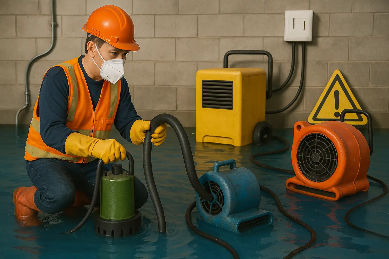 Professional technician using pump and air dryers during basement flood cleanup — Basement Flooding Prevention by Daniel Hood Roofing Systems.
