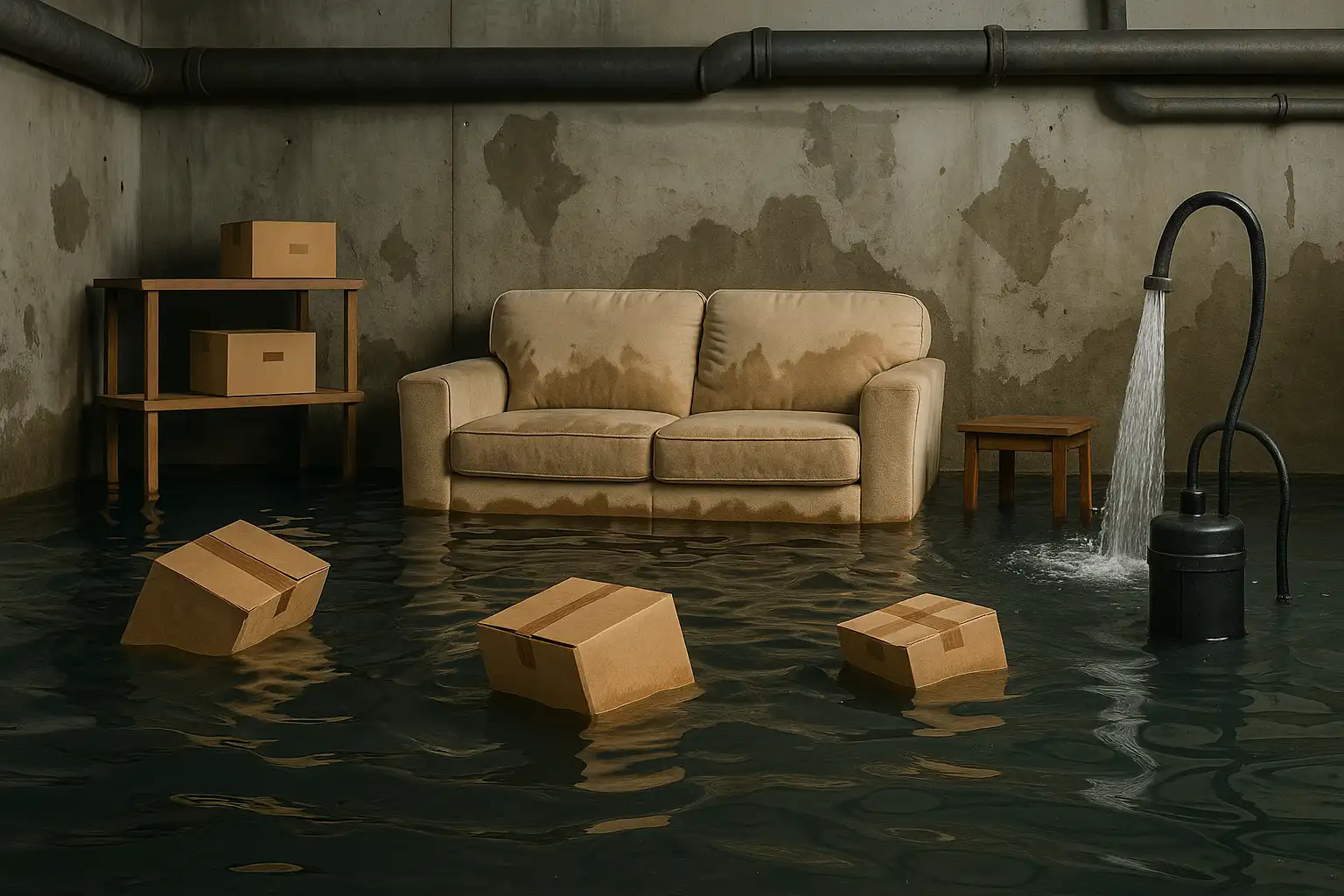 Flooded basement with wet furniture, floating boxes, and water pump — Basement Flooding Prevention by Daniel Hood Roofing Systems.