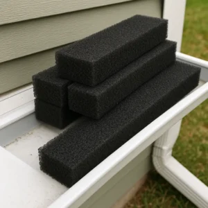Black foam gutter inserts stacked inside an open gutter — best gutter protection in Knoxville, TN by Daniel Hood Roofing Systems.