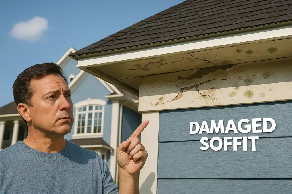 Homeowner pointing at cracked and moldy soffit under the roof, showing need for roofing and soffit repair by Daniel Hood Roofing.
