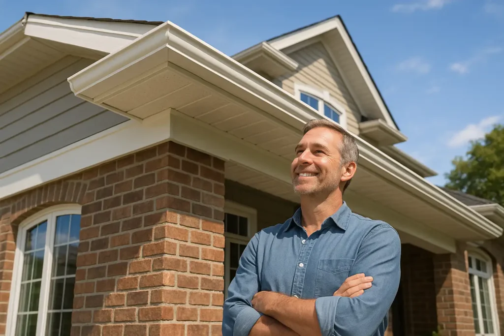 Alt text: Smiling homeowner standing beside freshly repaired roof and soffit under a clear sky by Daniel Hood Roofing.