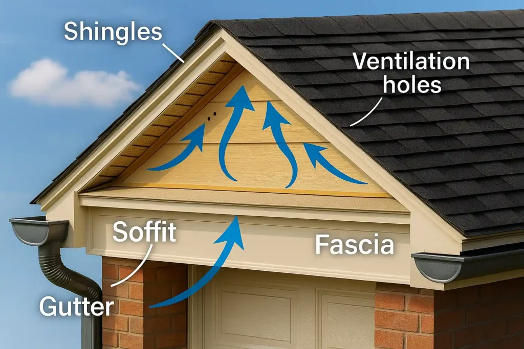 Diagram showing shingles, fascia, gutter, and soffit ventilation airflow during roofing and soffit repair by Daniel Hood Roofing.