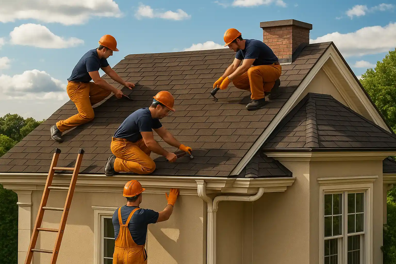 Full-service Roofing Crew Working on Residential Home