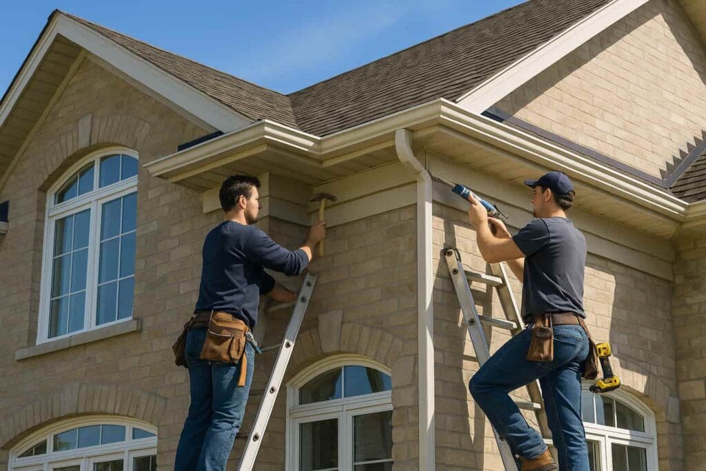 Professional contractors on ladders performing roofing and soffit repair on a brick home exterior by Daniel Hood Roofing.