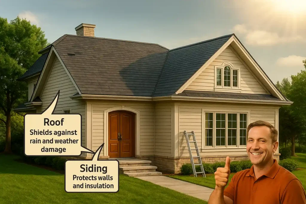 Roofing and siding repair expert explaining how roofs shield from weather and siding protects walls, by Daniel Hood Roofing.