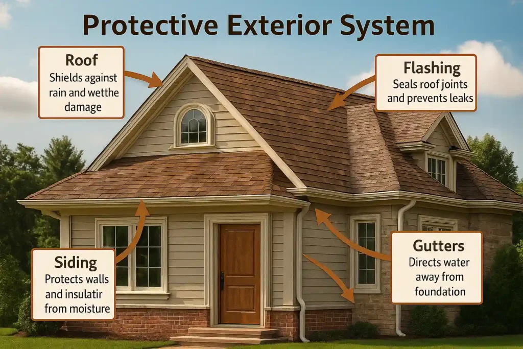 Protective exterior system showing roof, flashing, siding, and gutters working together for home protection by Daniel Hood Roofing.