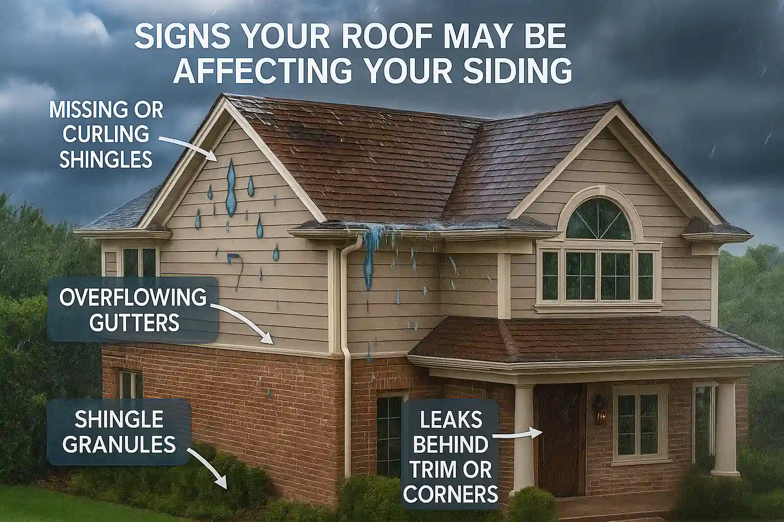 Signs your roof may be affecting your siding, including curling shingles and overflowing gutters, by Daniel Hood Roofing.