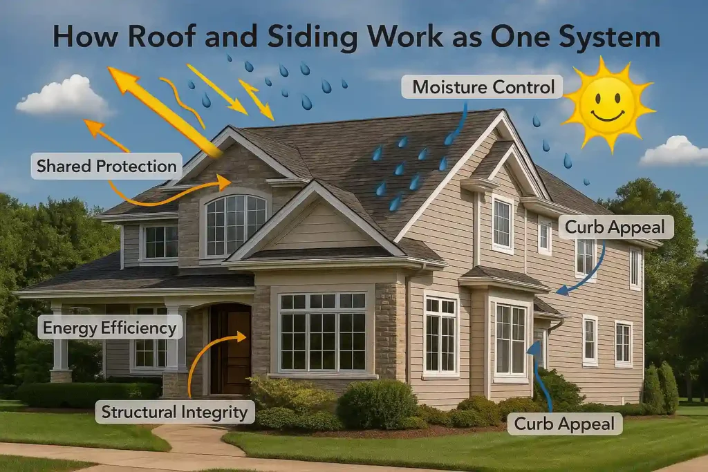 Diagram showing how roofing and siding repair improve moisture control, energy efficiency, and curb appeal by Daniel Hood Roofing.