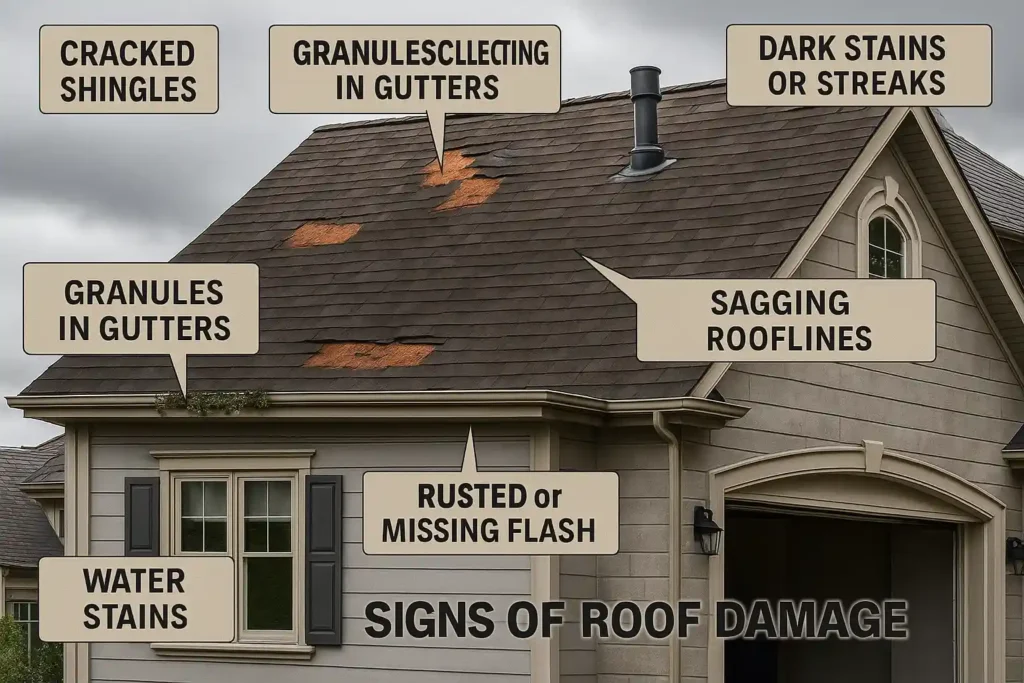 Signs of roof damage including cracked shingles, sagging rooflines, and rusted flashing identified by Daniel Hood Roofing.