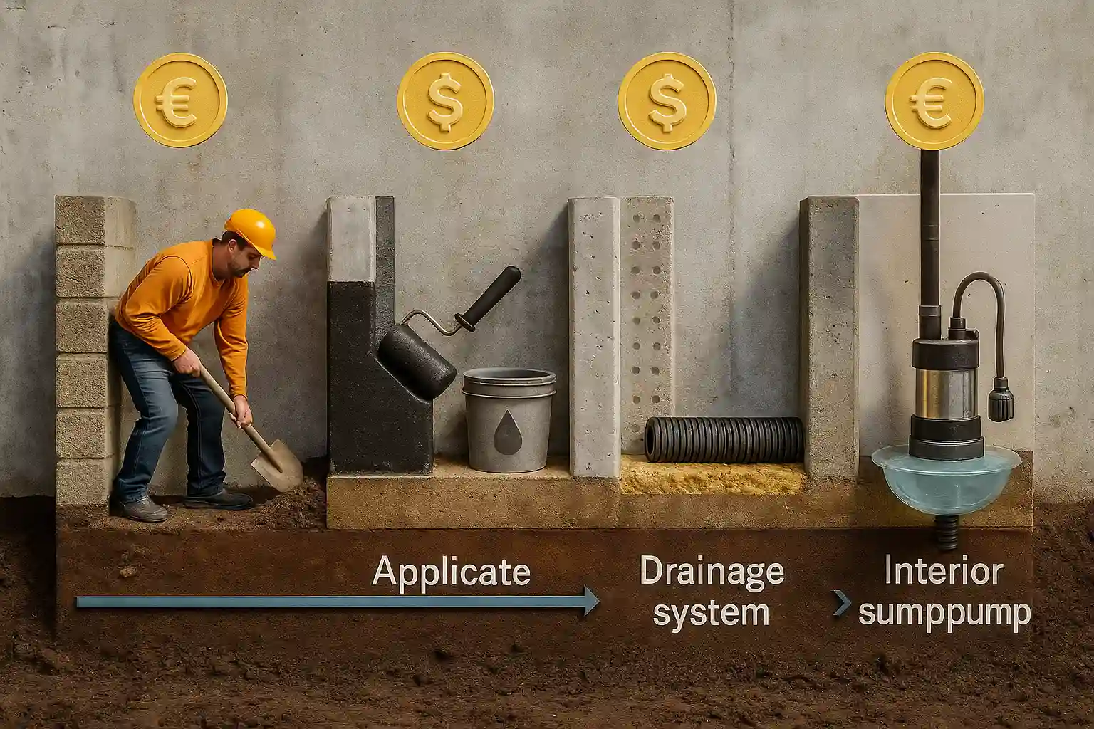 Step-by-step basement waterproofing process showing application, drainage system, and interior sump pump — Basement Flooding Prevention by Daniel Hood Roofing Systems.