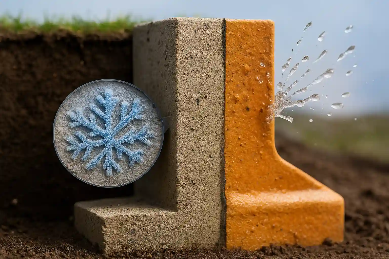 Cross-section of a concrete wall showing frost damage and water leakage — Basement Flooding Prevention by Daniel Hood Roofing Systems.