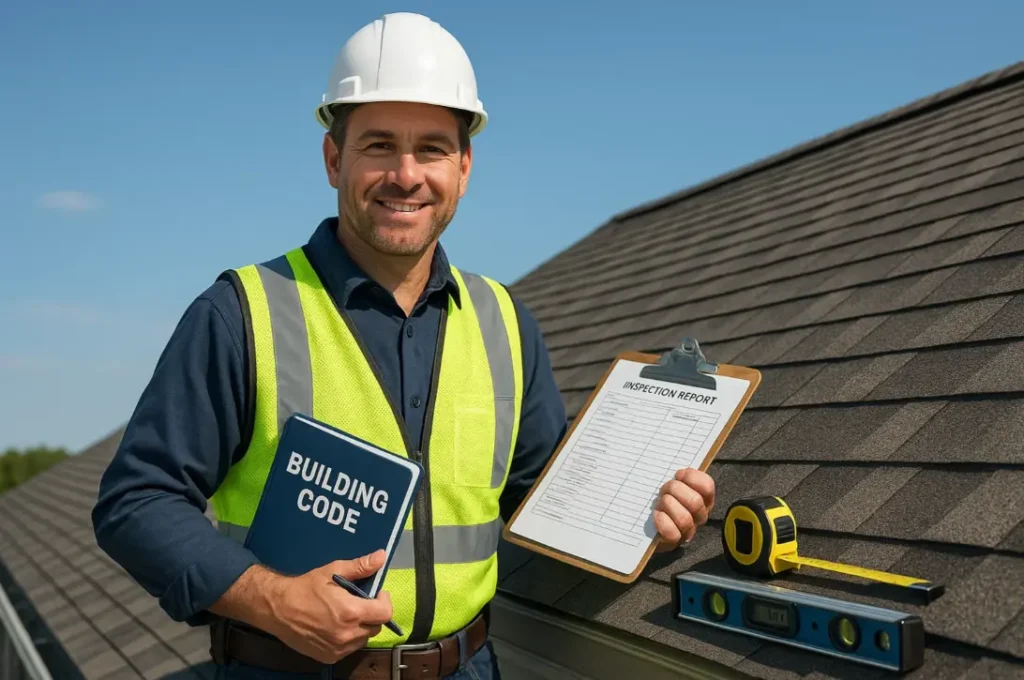 Building inspector on a roof reviewing tools and code book under sunny sky — Daniel Hood Roofing.