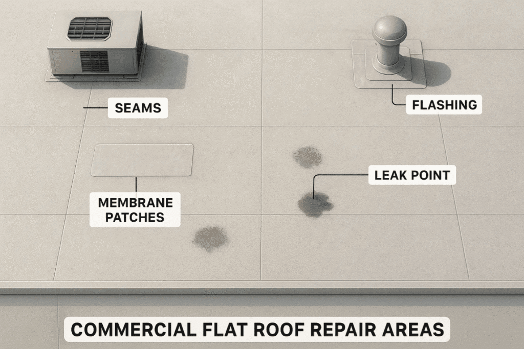 Ultra-realistic top-view diagram of a commercial roof showing key repair areas: seams, flashing, membrane, leaks. Clean educational style.