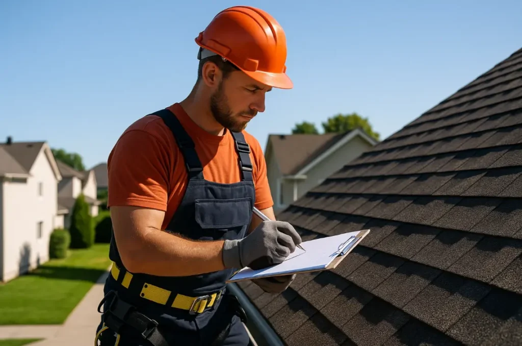 Professional roofer inspecting a residential roof with clipboard and pen on a sunny day, suburban home, Daniel Hood Roofing Systems.