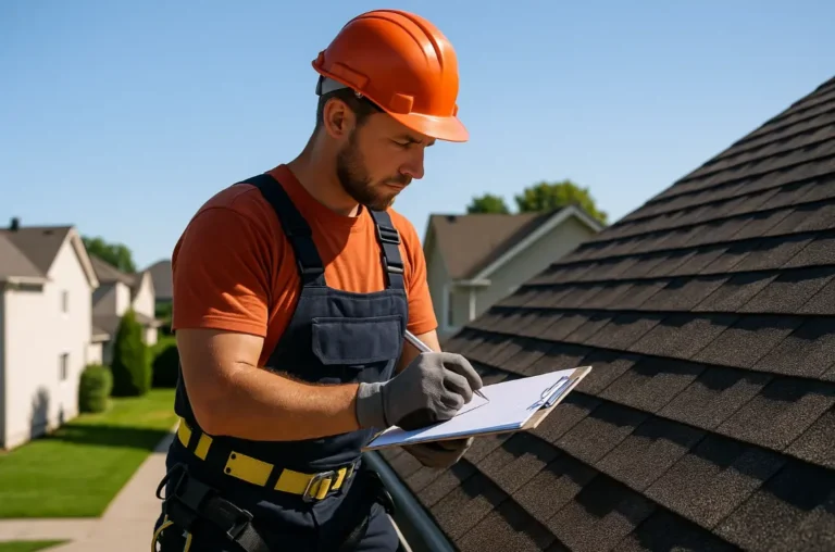 Professional roofer inspecting a residential roof with clipboard and pen on a sunny day, suburban home, Daniel Hood Roofing Systems.