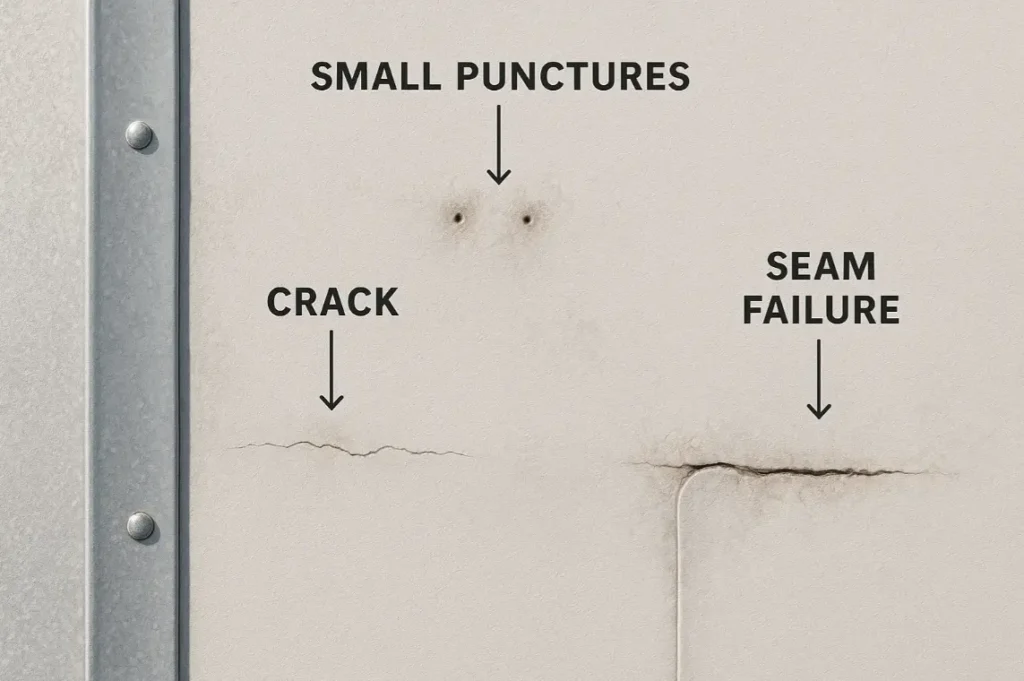 Top-down view of PVC roof showing punctures, cracks, and seam failures, educational layout by Daniel Hood Roofing Systems.