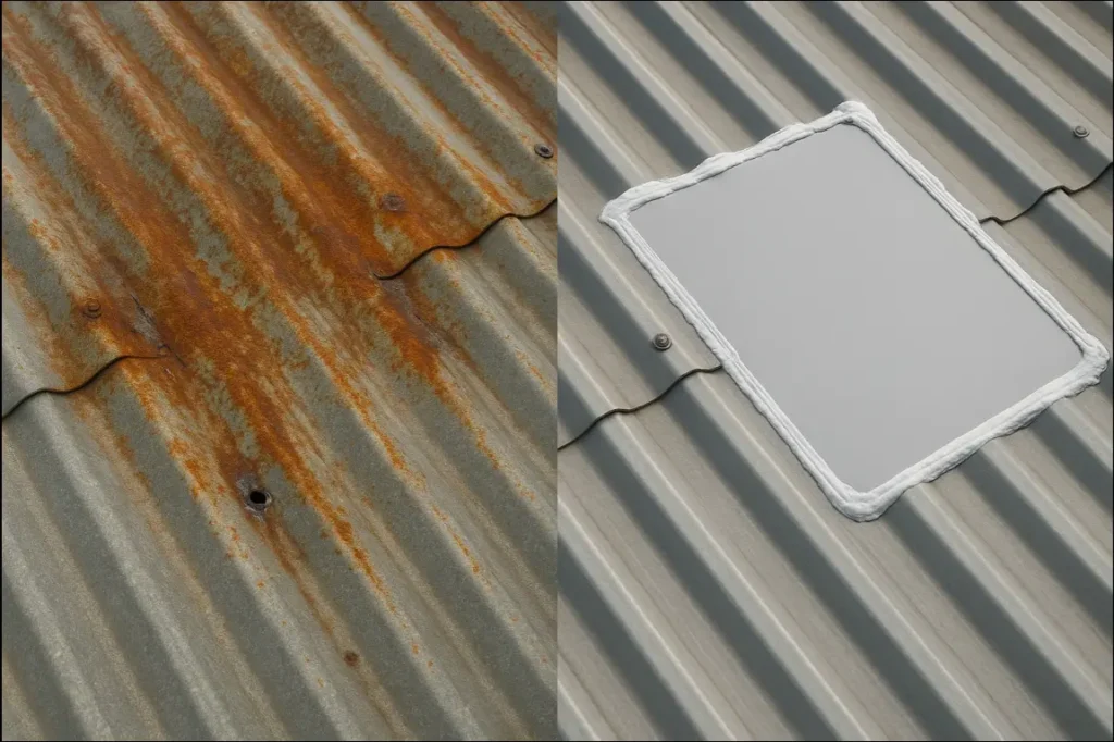 Before-and-after metal roof patch repair by Daniel Hood Roofing Systems, showing damaged roof on left and fully repaired roof on right, ultra-realistic view.