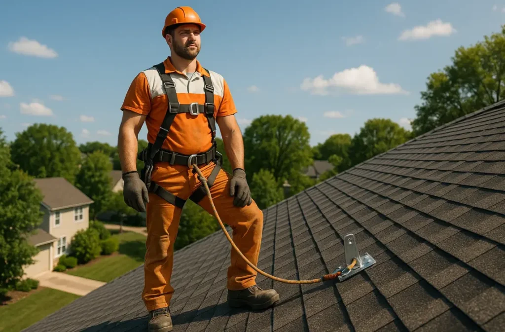 Professional roofer from Daniel Hood Roofing standing on a sloped roof with safety gear and roofing repair tools, inspecting shingles under a sunny Knoxville sky.