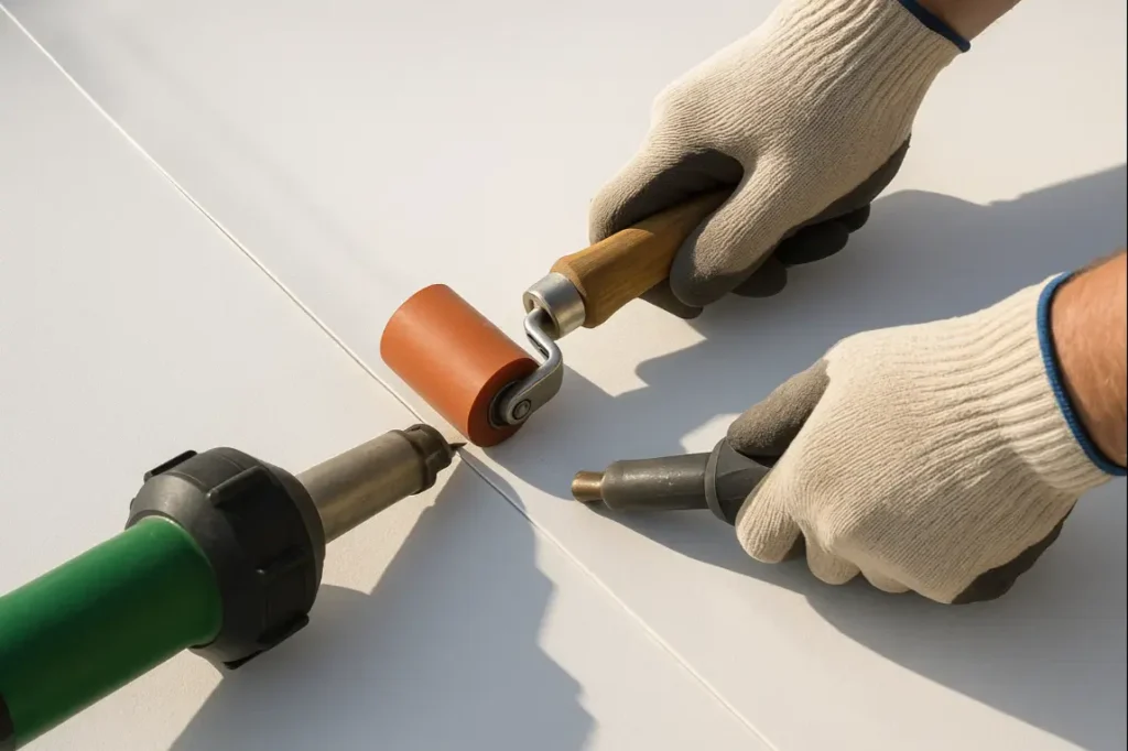 Re-welding a PVC roof seam using a heat gun and roller by Daniel Hood Roofing Systems, ultra-realistic instructional view.