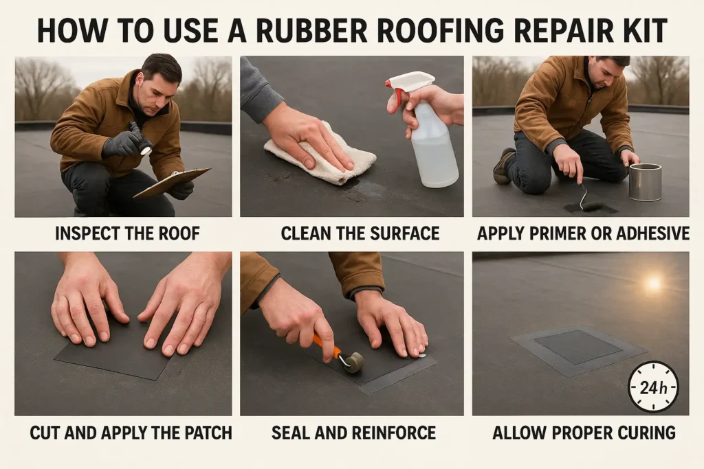 Step-by-step rubber roof repair process by Daniel Hood Roofing Systems.