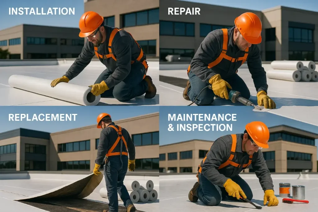 Composite image showing four single-ply roofing services: installation, repair, replacement, and maintenance/inspection on a flat commercial roof, with professional contractors and tools, highlighting durability and quality — Daniel Hood Roofing Systems.