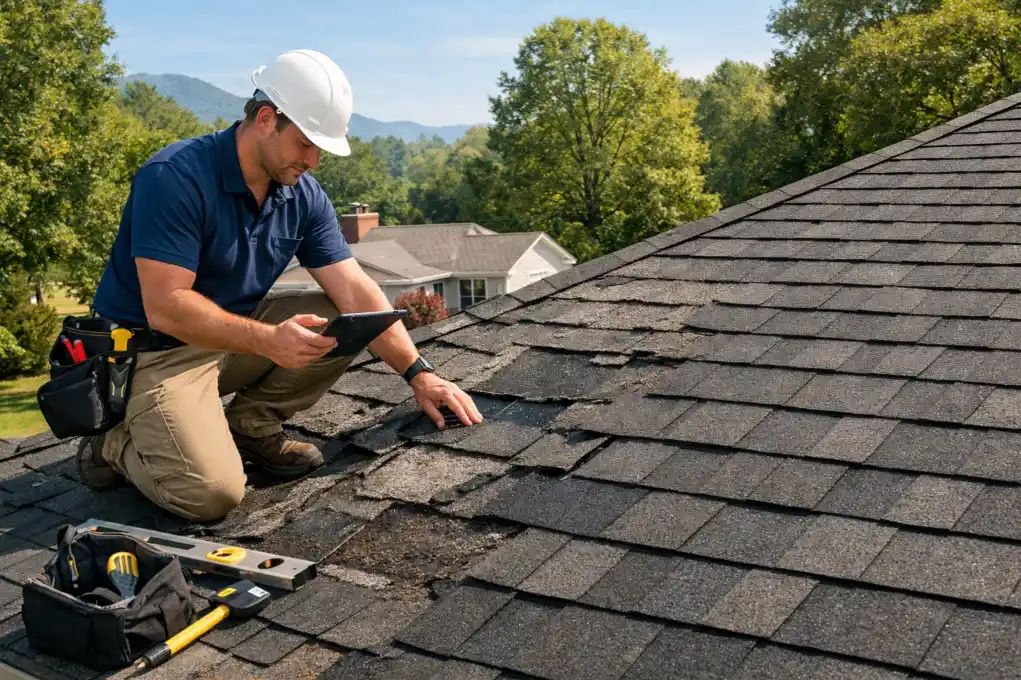 Professional roofer inspecting roof damage and wear for cost estimate – Daniel Hood Roofing