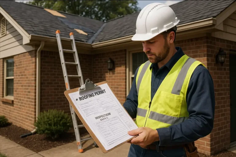 Roofing inspector checking permits beside a home for Daniel Hood Roofing.