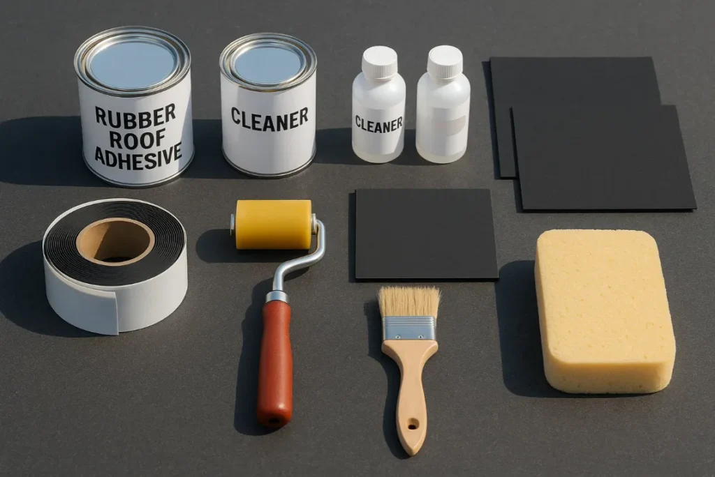 Contents of a rubber roof repair kit including adhesive, primer, EPDM rubber patch, seam tape, cleaning solution, and application tools arranged on roof surface, Daniel Hood Roofing Systems.