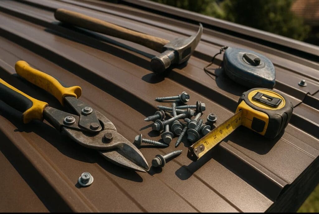 Roofing tools including tin snips, metal panels, fasteners, tape measure, and chalk line arranged on a residential roof, daylight, Daniel Hood Roofing Systems.
