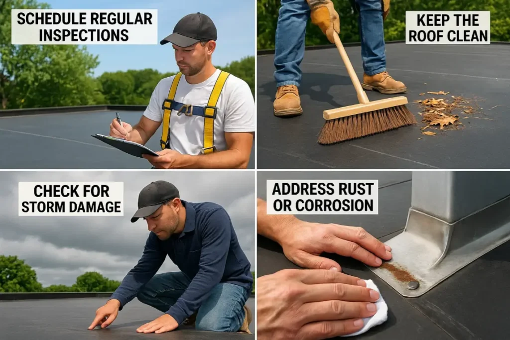 Rubber roof maintenance steps including inspection, cleaning, storm damage check, and metal corrosion care.