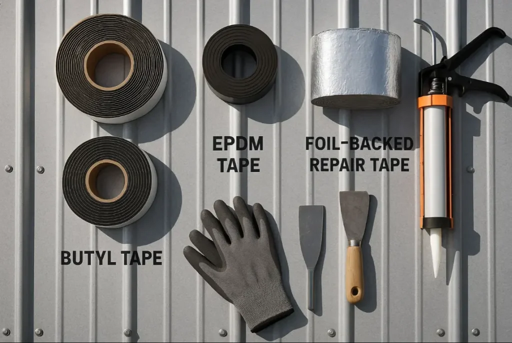 Metal roof repair tapes and tools for Daniel Hood Roofing Systems, top-down educational layout.