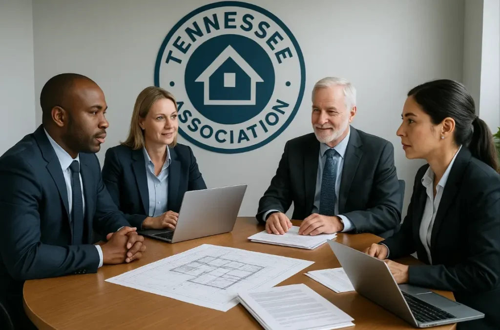 Daniel Hood Roofing Systems professionals reviewing blueprints in a conference setting