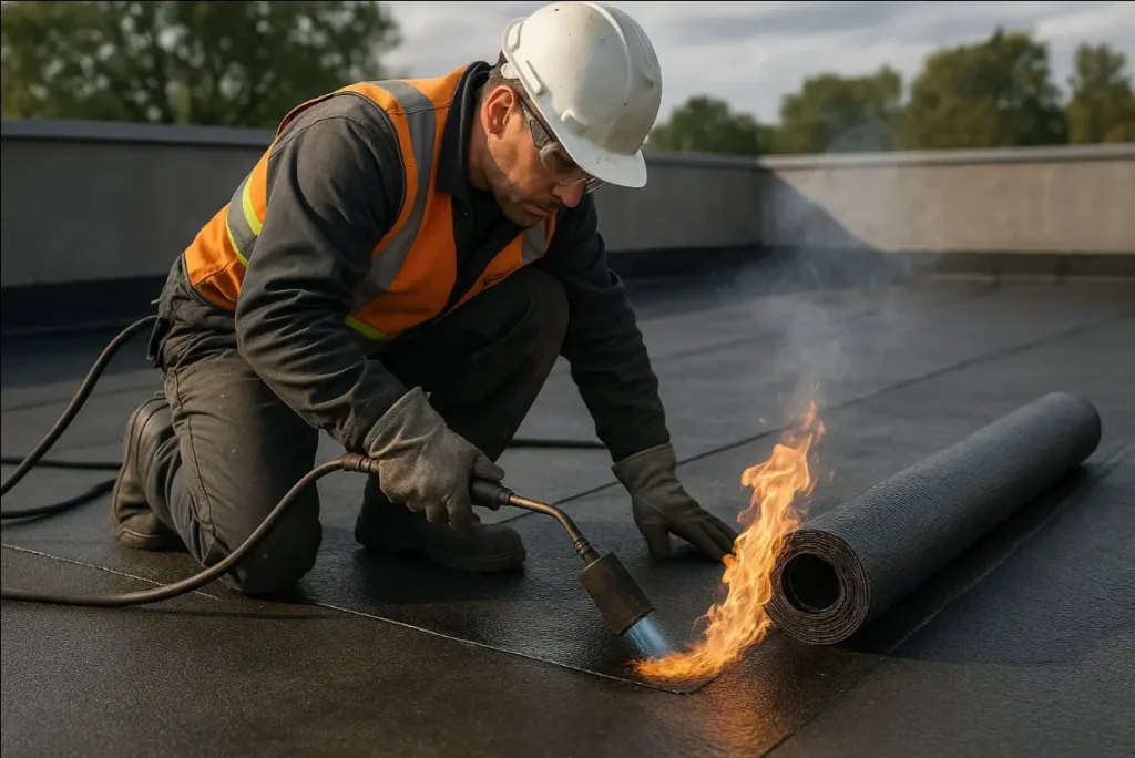 Professional roofer installing modified bitumen roofing with a blue torch on a flat roof, wearing safety gear. Daniel Hood Roofing
