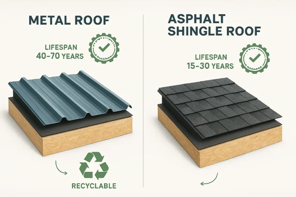 Ultra-realistic cross-section infographic comparing metal roof and traditional shingle roof lifespan and recyclability, created for Daniel Hood Roofing.