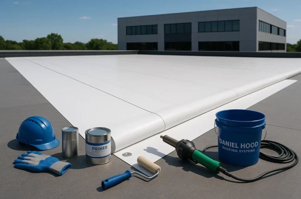 Professional single-ply TPO roofing membrane partially installed on a flat commercial roof with tools and adhesives arranged for precise installation — Daniel Hood Roofing Systems