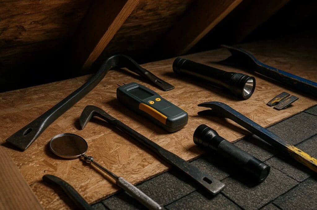 “Roofing inspection tools including mirrors, flashlights, moisture meters, and crowbars arranged in attic, Daniel Hood Roofing Systems.